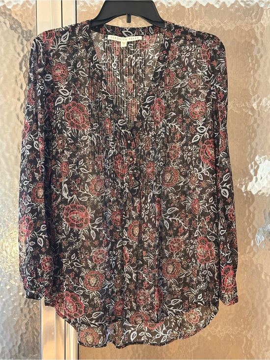 Veronica Beard Tops - Veronica Beard Black Silk Sheer Floral Pintuck Peasant Blouse